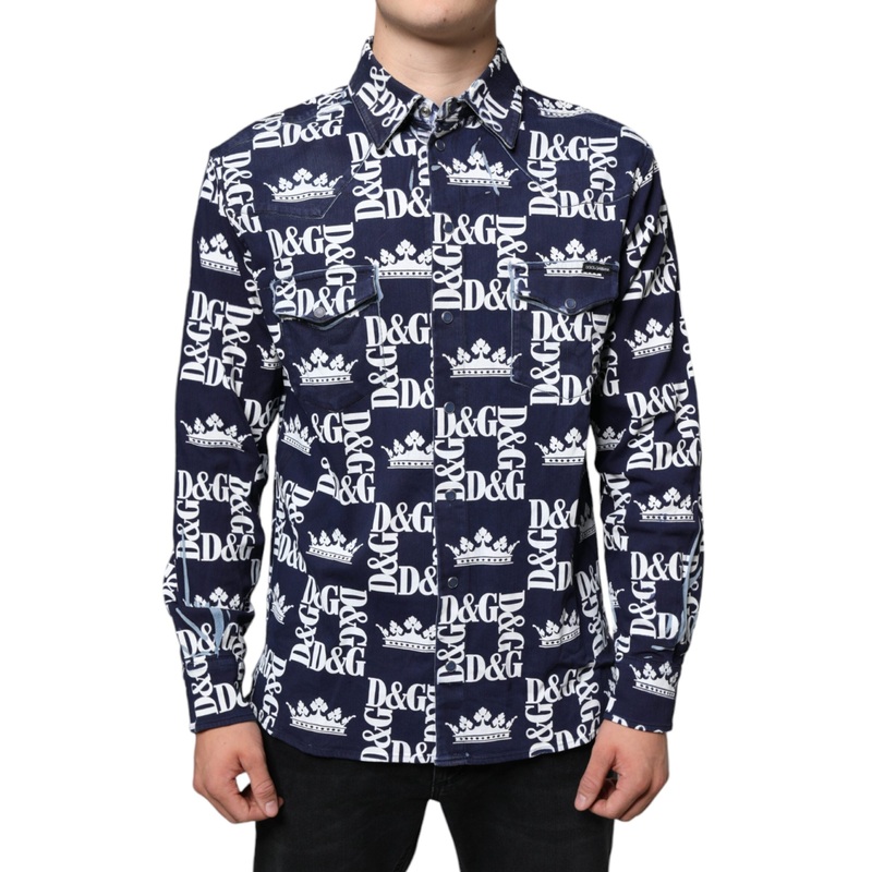 Dolce & Gabbana Blue Crown Logo Print Slim Fit Cotton Shirt