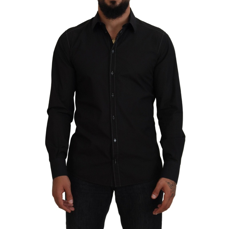 Dolce & Gabbana Black Cotton Collared Long Sleeve GOLD Shirt
