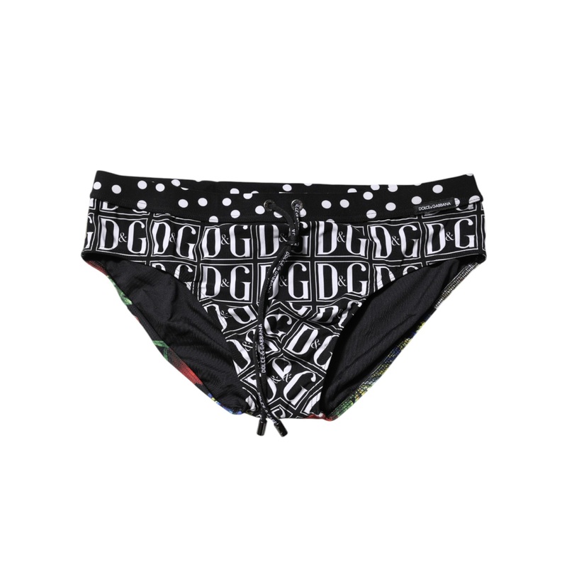 Dolce & Gabbana Black Floral Logo Beachwear Men Brief Swimwear