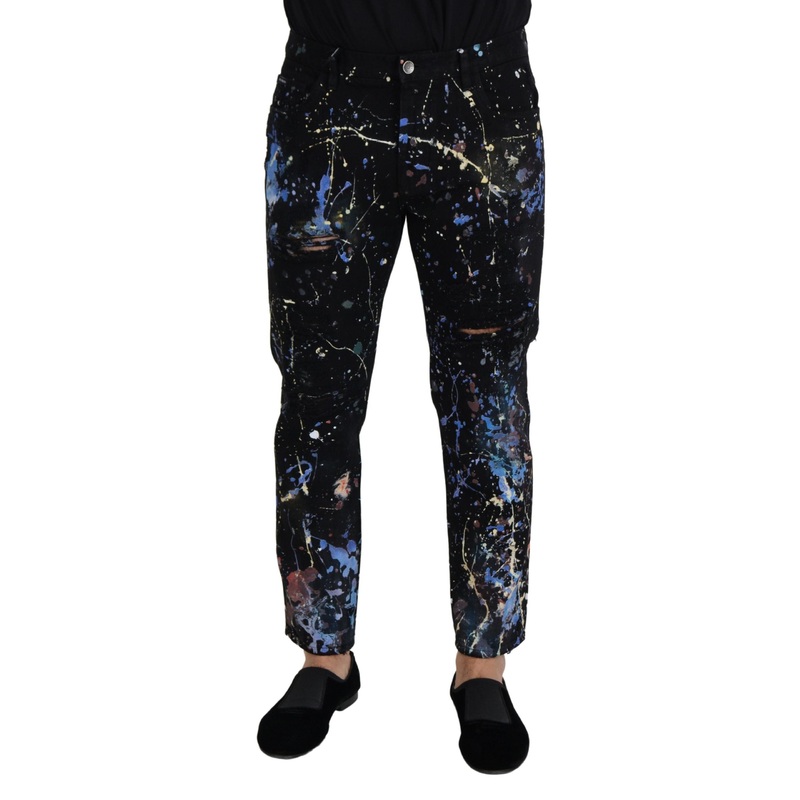 Dolce & Gabbana Black Cotton Color Splash Print Denim Jeans