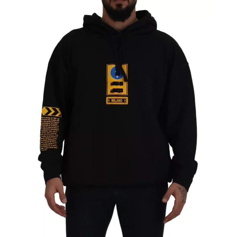 Dolce & Gabbana Black Cotton Logo Hooded Sweatshirt Sweater