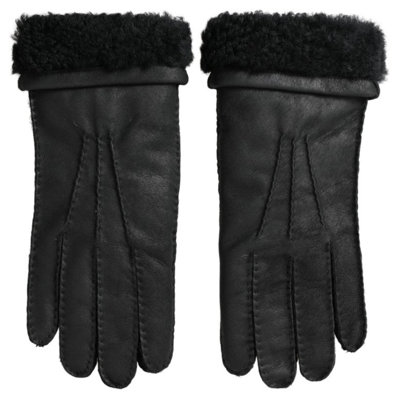 Dolce & Gabbana Black Leather Fur Short Hands Mitten Men Gloves