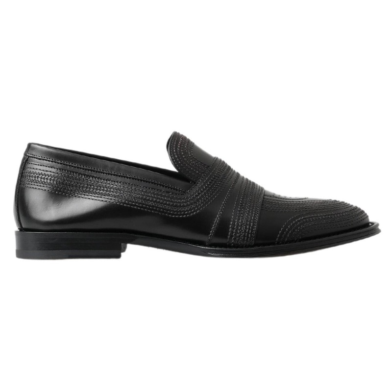 Dolce & Gabbana Black Leather Slipper Loafers Stitched Shoes