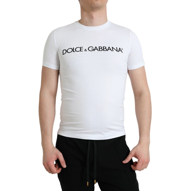Dolce & Gabbana White Logo Print Cotton Crew Neck T-shirt