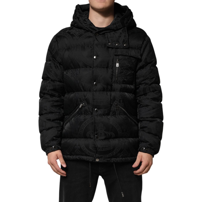 Dolce & Gabbana Black Jacquard Quilted Puffer Hooded Jacket