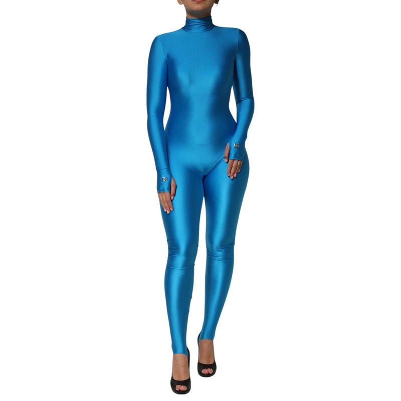 Dolce & Gabbana Blue Nylon Turtleneck Bodycon Jumpsuit  Dress