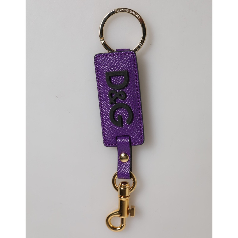 Dolce & Gabbana Purple DG Logo Leather Gold Tone Metal Keyring Keychain