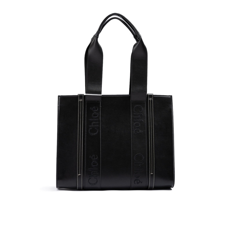 Chlo Black Woody Embroidered Logo Leather Medium Tote Bag