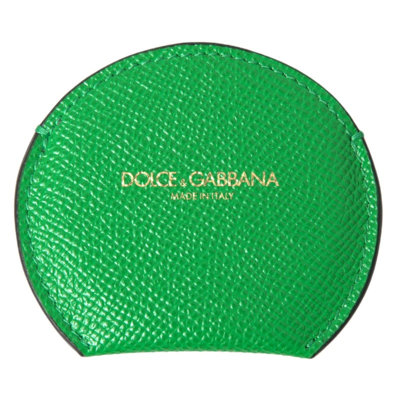 Dolce & Gabbana Green Calfskin Leather Round Logo Hand Mirror Holder