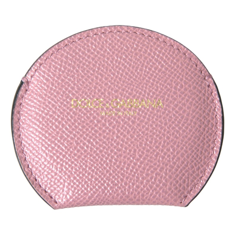 Dolce & Gabbana Pink Calfskin Leather Round Logo Print Hand Mirror Holder