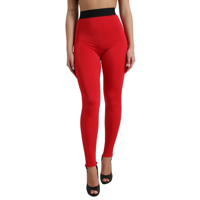 Dolce & Gabbana Red Nylon DG Logo Slim Leggings Pants