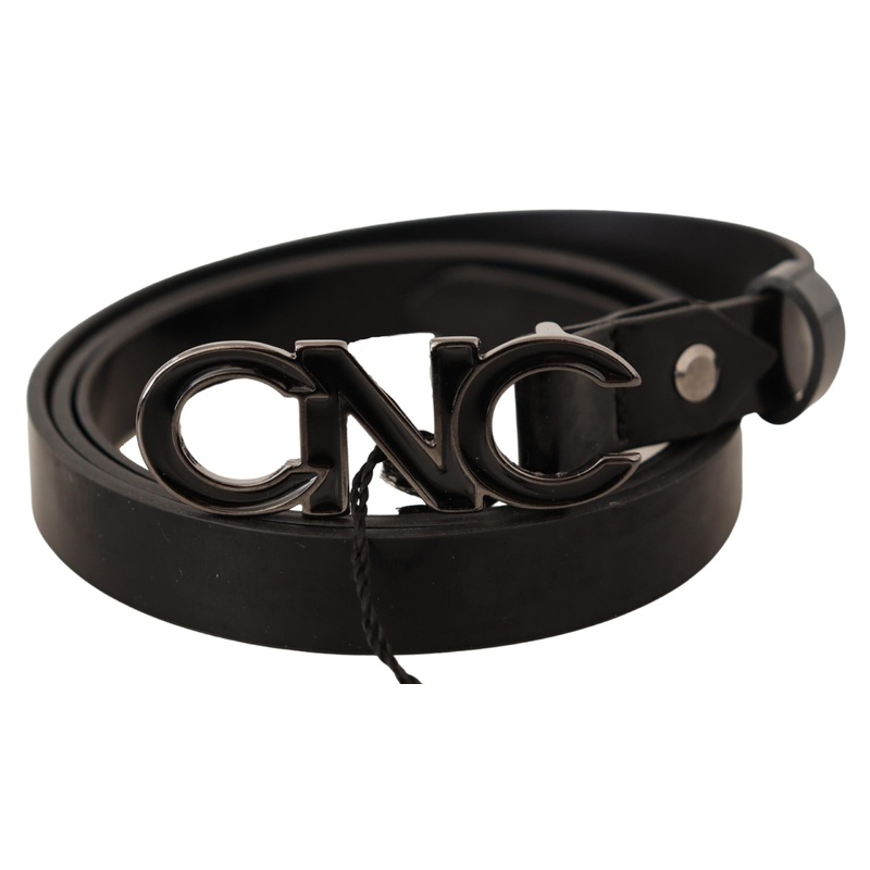 Costume National Black Leather Letter Logo Buckle Belt