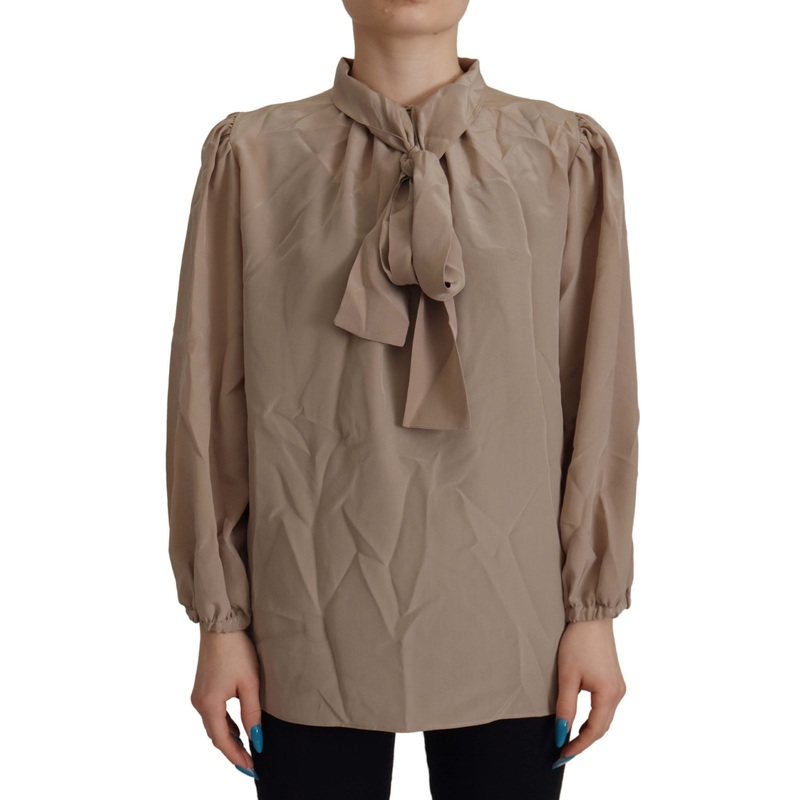 Dolce & Gabbana Brown Waistband Sleeves Ascot Collar Top Blouse