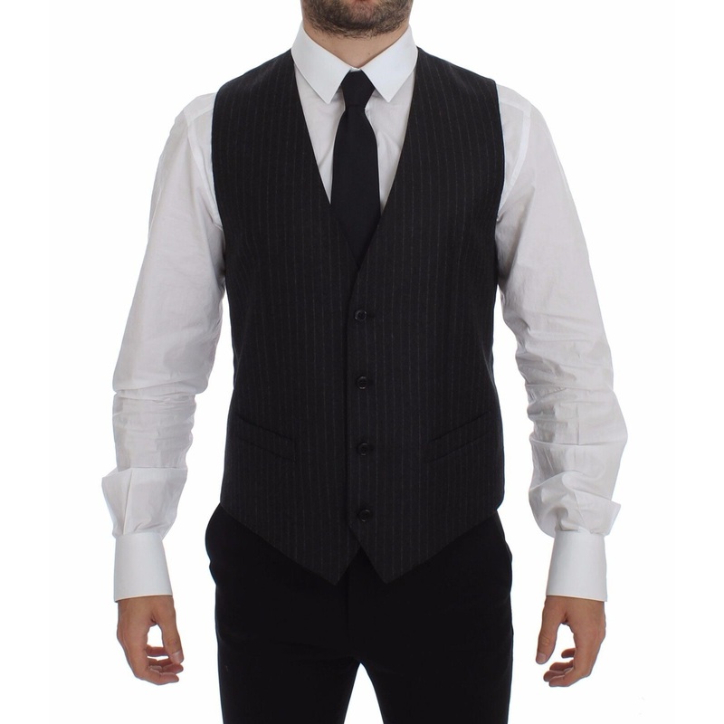Dolce & Gabbana Gray Striped Wool Logo Vest Gilet Vests