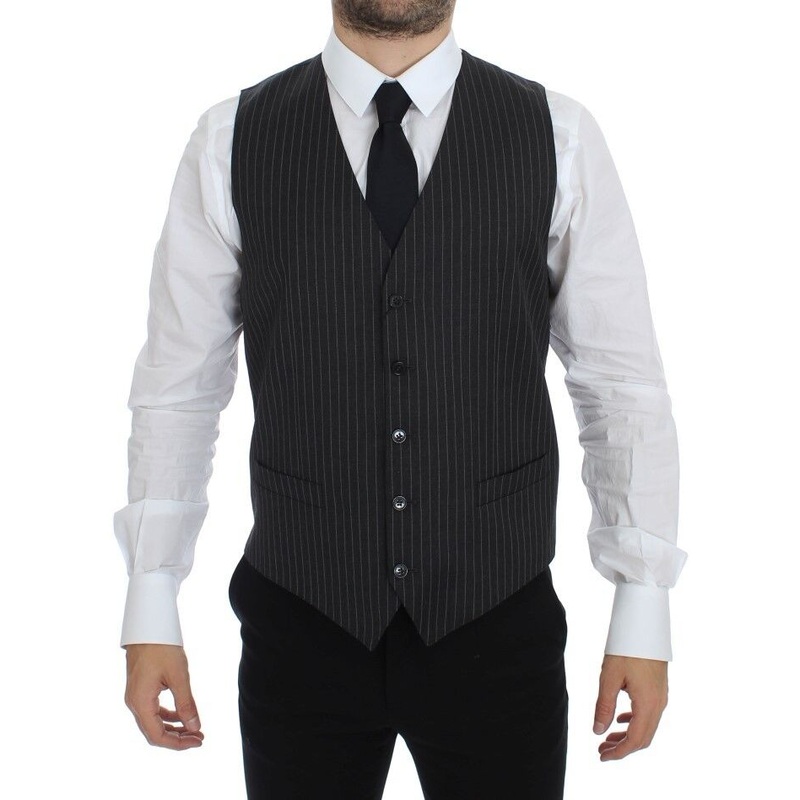 Dolce & Gabbana Gray Striped Wool Single Breasted Vest