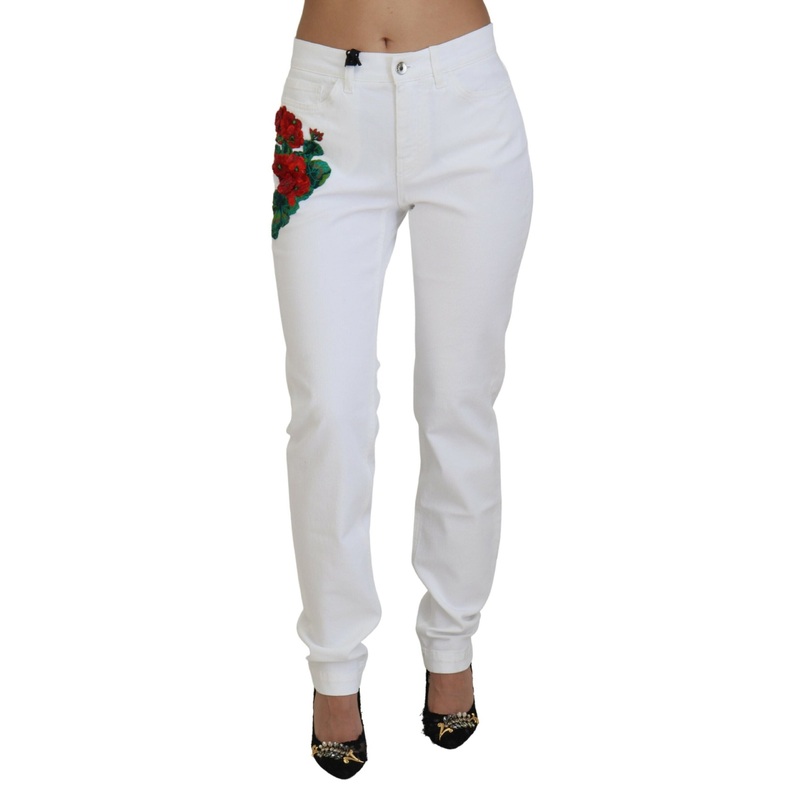 Dolce & Gabbana White Floral Embroidery Skinny Denim Jeans
