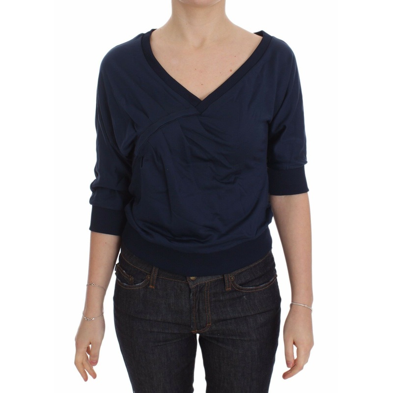 Exte Blue Cotton Top Pullover Deep V-neck Women Sweater