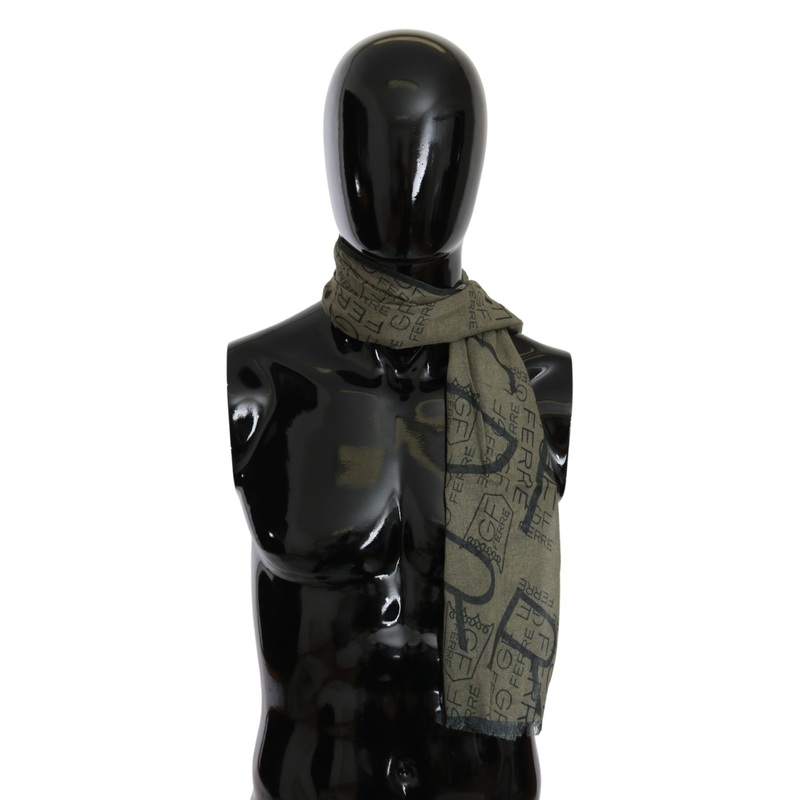 GF Ferre Green Wool Viscose Foulard Patterned Branded Scarf