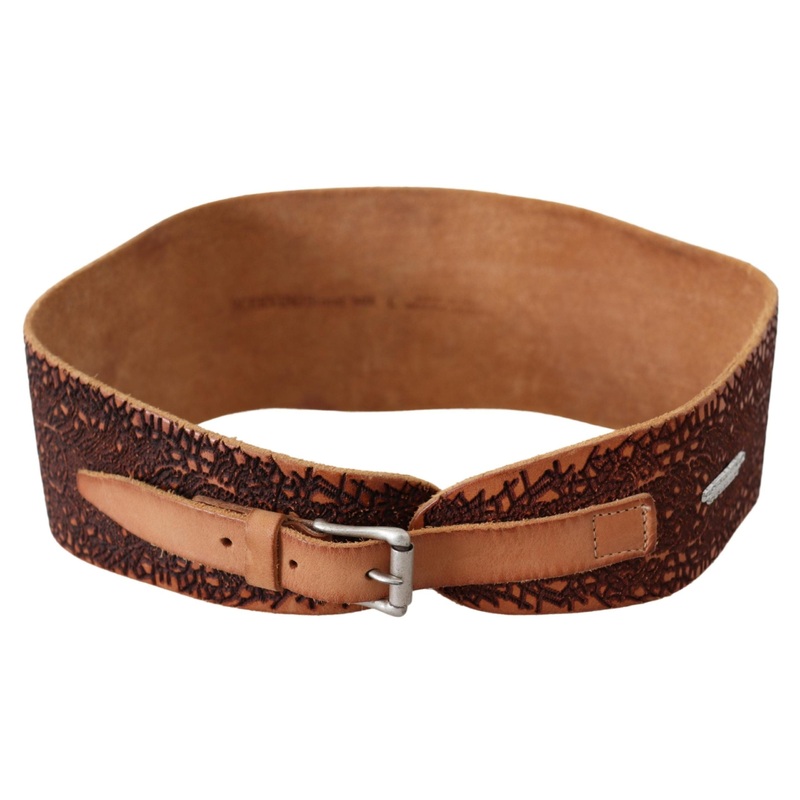 Scervino Street Brown Wide Leather Embroidered Design Logo Belt