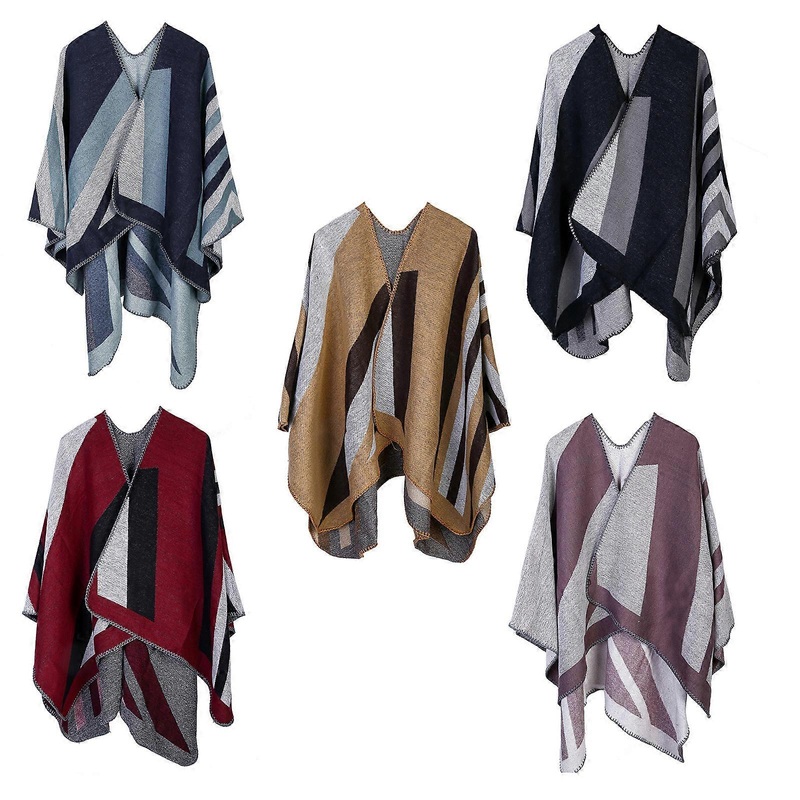 Women Autumn Open Front Poncho Cape Color Block Irregular Striped Print Shawl Wrap Thicken Warm Oversize Cardigan Sweater Scarf Blanket  Pink | Fruugo SG