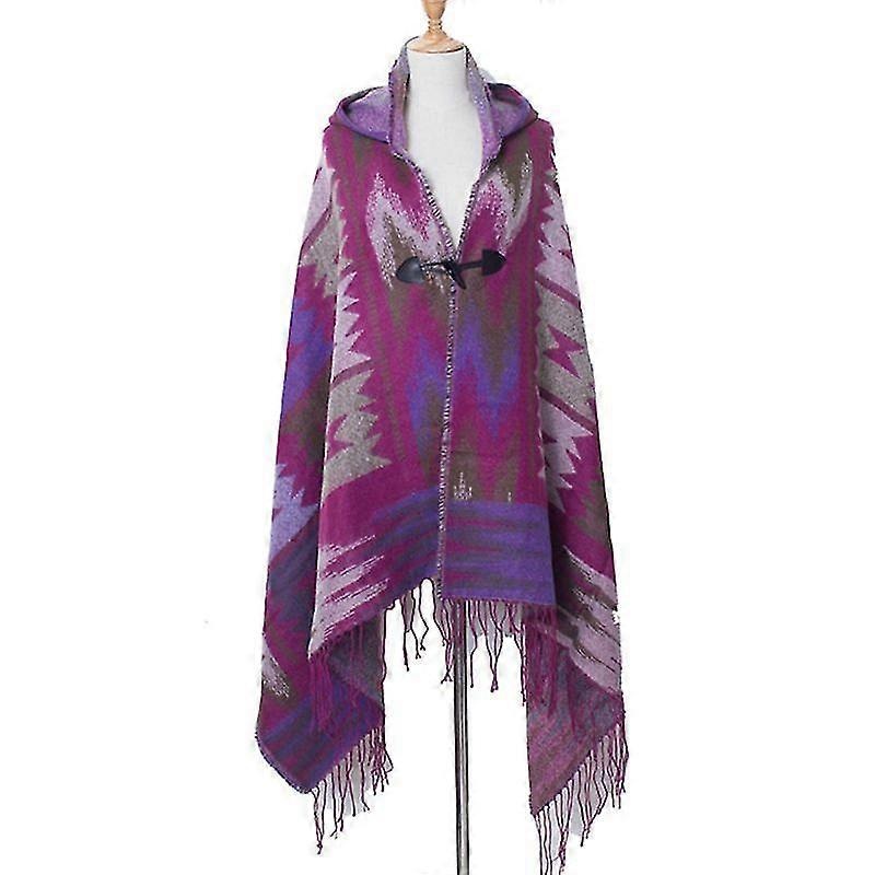 Women Bohemian Ethnic Hooded Poncho Fringe Tassels Shawl Cape Colorful Geometric Patterns Loose Cloak Scarf Vintage Sweater Cardigan With Horn Button | Fruugo SG