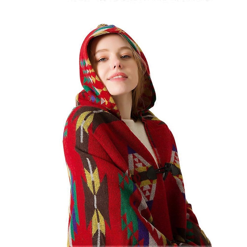 Bohemian Ethnic Style Cloak with Hood Women Horn Button Shawl Cape for Autumn Winter (Red) | Fruugo SG