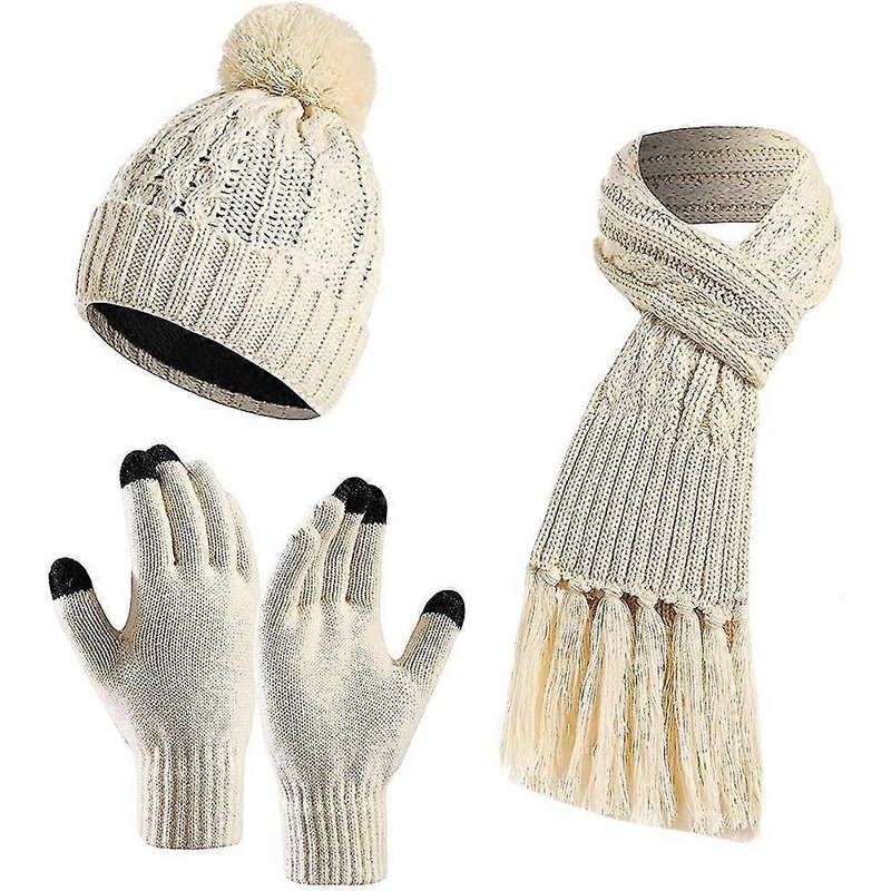 Womens Bobble Hat Scarf And Gloves Set Fleece Lined Beanie Touchscreen Gloves | Fruugo SG