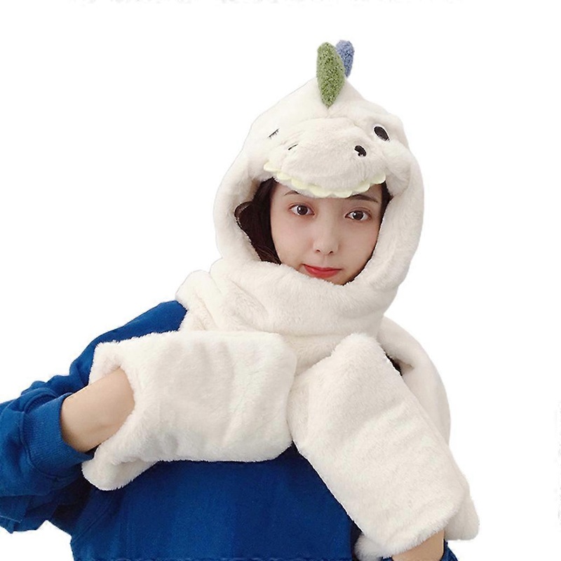 Unisex Winter Warm 3 In 1 Cartoon Dinosaur Plush Hooded Scarf Hat Gloves Set  White | Fruugo SG