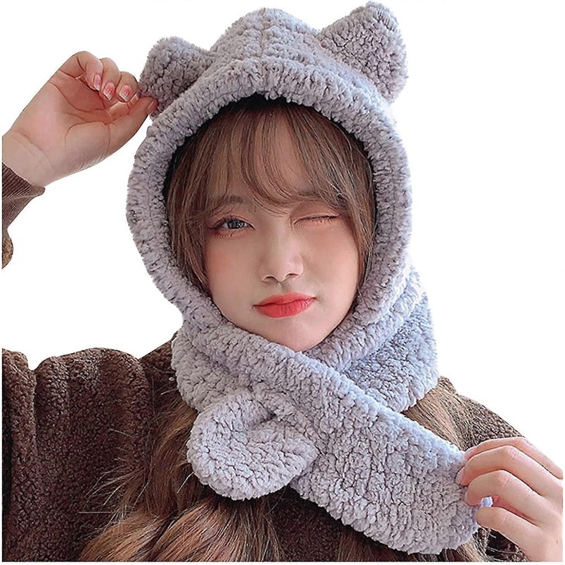 Winter Hats Bear Cap and Scarf 2 in 1 Cute Cartoon Thick Hat Protectors Warm Plush Hat Cap Women Girl Hat Gray One Size | Fruugo SG