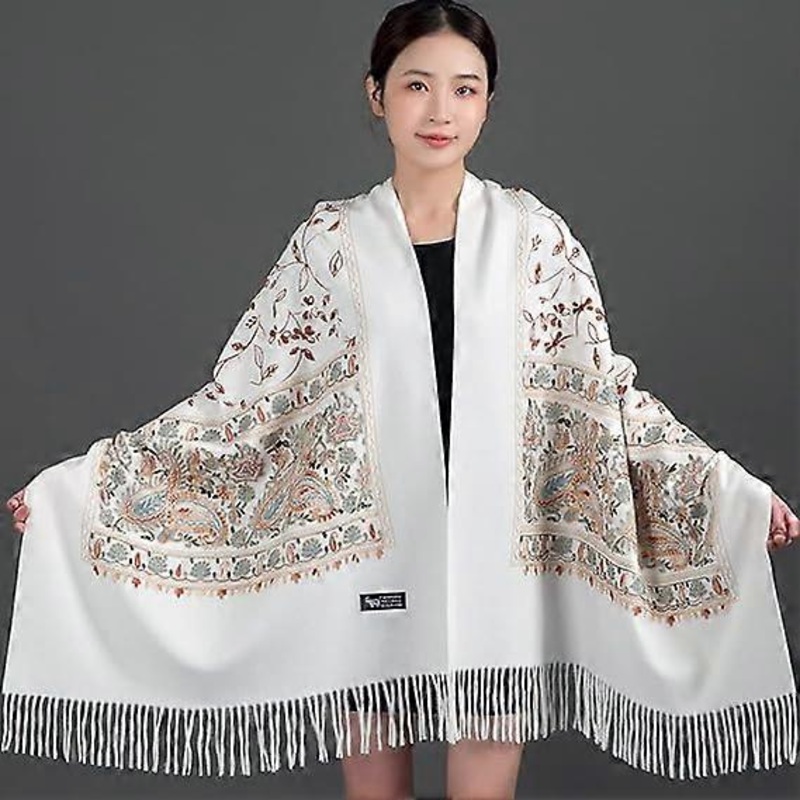 Women’s Autumn and Winter Cold Scarf Vintage White Flowers Leaves Branches Feathers Embroidery Ethnic Style Warm Soft Cashmere Touch Scarf Scarf | Fruugo SG