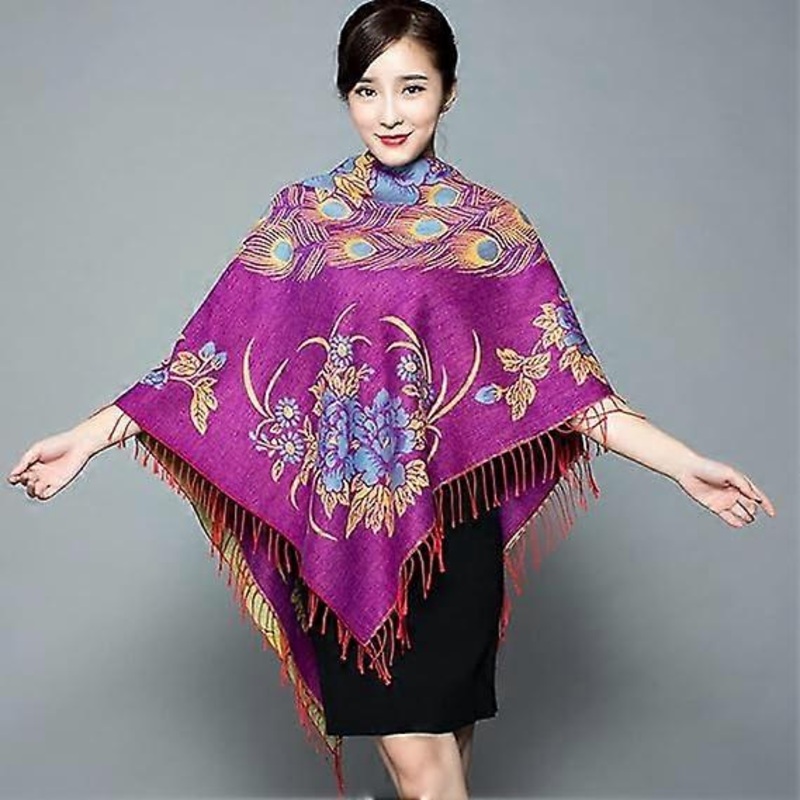 Women’s fall and winter cold scarf retro purple square scarf tassel peony flowers peacock jacquard ethnic style warm soft cashmere touch scarf shawl | Fruugo SG