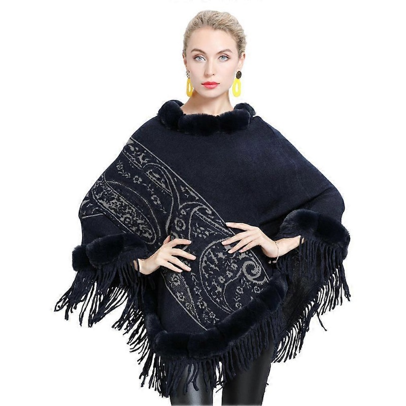 Black Jacquard Pullover Wrap Shawl with Faux Fur Trimming Loose Blanket with Tassel for Lady | Fruugo SG