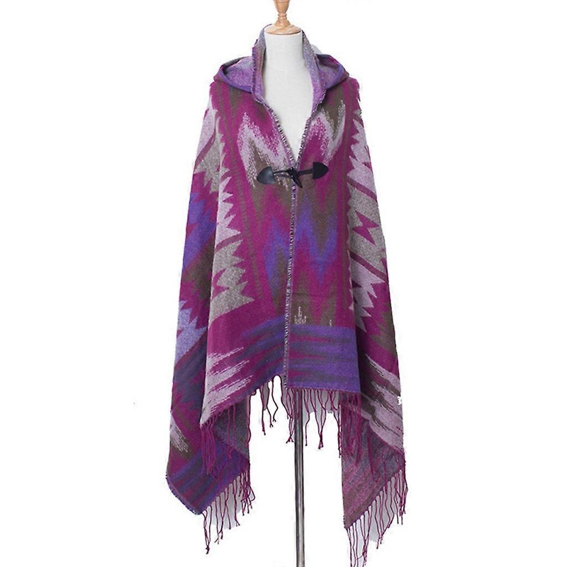 Women Bohemian Ethnic Hooded Poncho Tassels Shawl Cape Geometric Patterns Loose Cloak Scarf Cardigan with Horn Button | Fruugo SG