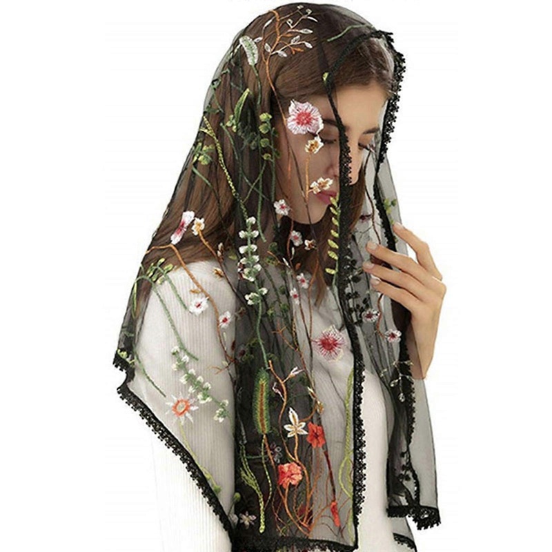 Women Headscarf Tudung Hijab Headcovering Scarf Church Shawl Wraps For Women Floral sheer Shawl Embroidered Floral Shawl  Black | Fruugo SG