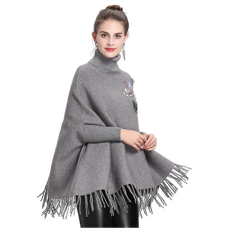 Grey Sequined Loose Turtleneck Pullover Wrap Shawl Batwing Blouse with Tassel Knitting Cape for Lady | Fruugo SG