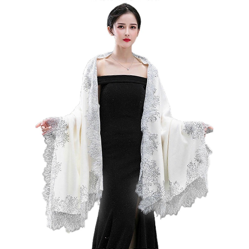 Women Autumn Pashmina Elegant Large Scarf Vintage Evening Dress Shawl Wrap Eyelash Floral Lace Patchwork Edge Wedding Party Stole Cape  White | Fruugo SG