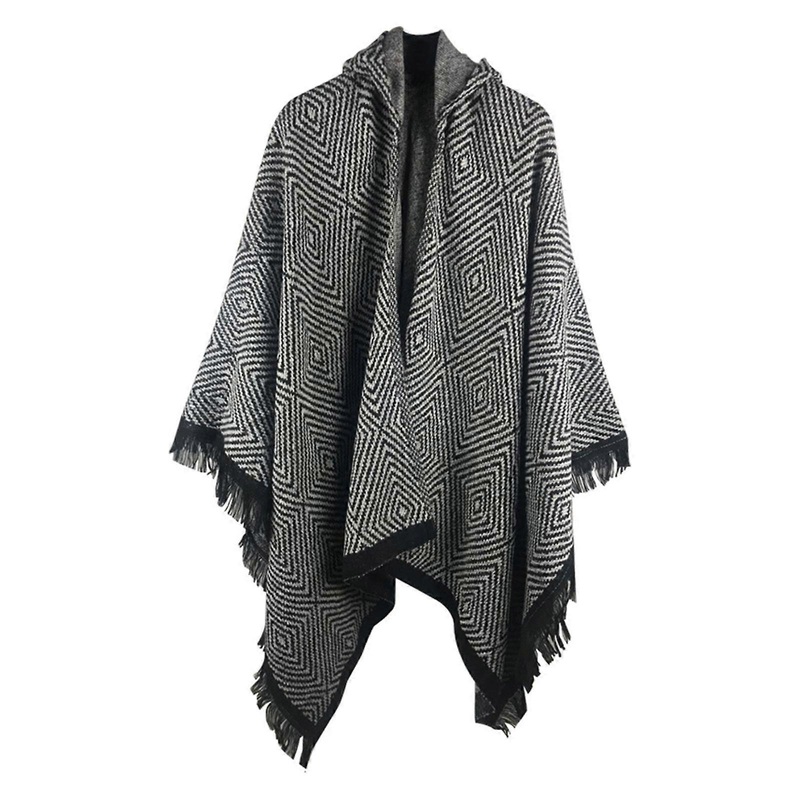 Women Vintage Rhombus Knit Hooded Cape Fringe Tassel Poncho Shawl Warm Cardigan | Fruugo SG