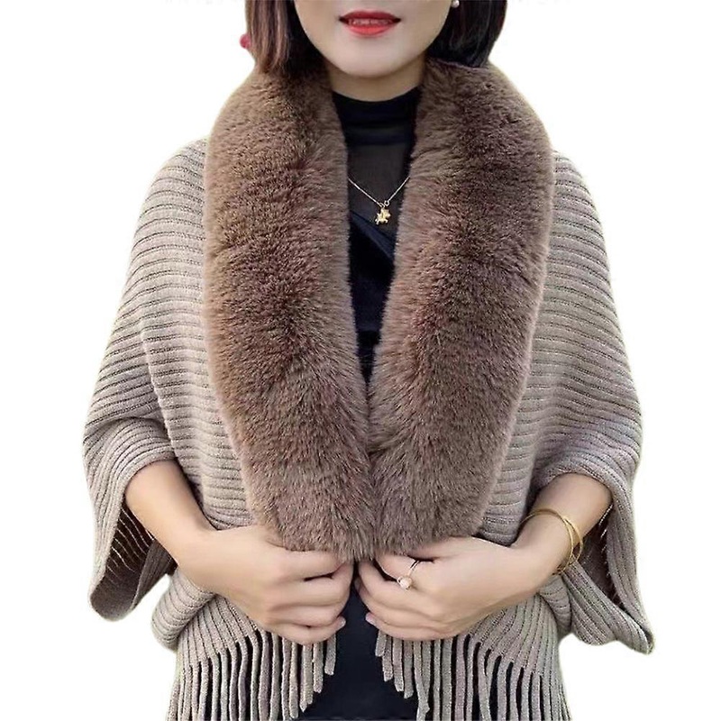 Womens Solid Faux Fur Collar Shawl Wrap Tassels Poncho Cape Knitted Cardigan | Fruugo SG