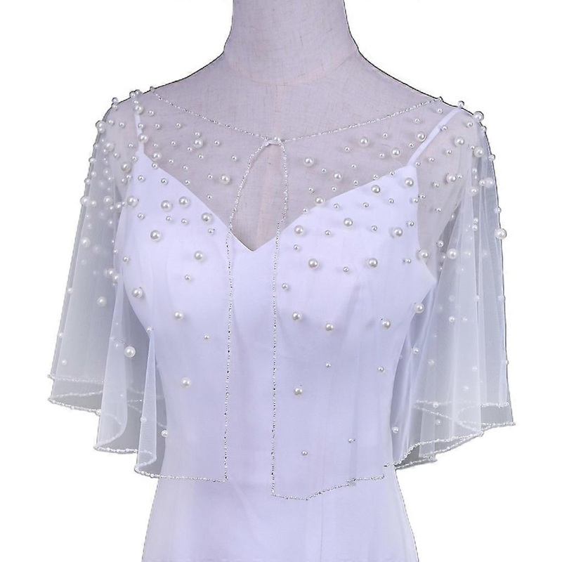 Womens Vintage Full Tulle Pearl Beads Cape Wrap Around Neck Shawl Solid Color Summer Elegant Bridal Capelet Bolero | Fruugo SG