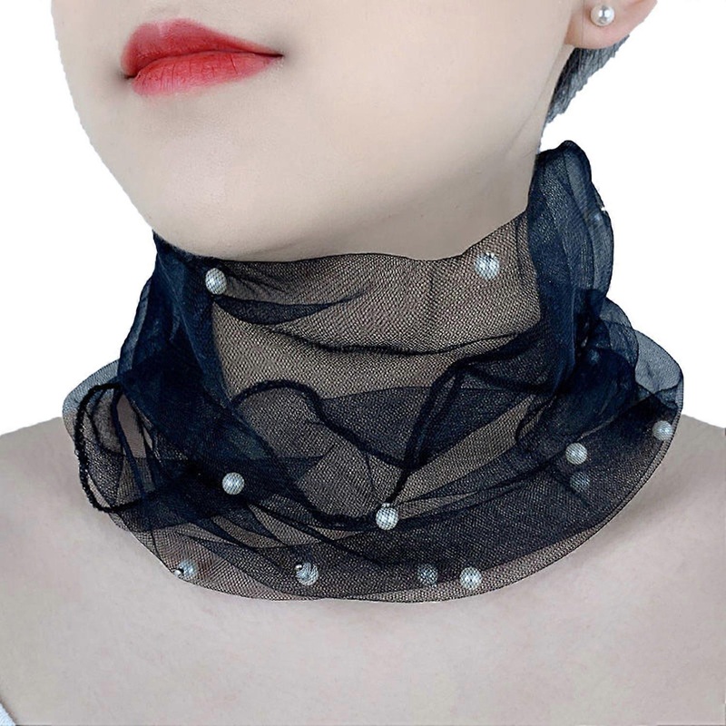 Solid Color Neck Collar Faux Pearls Decor Elastic Organza Lace Scarf Elegant Multi-functional | Fruugo SG