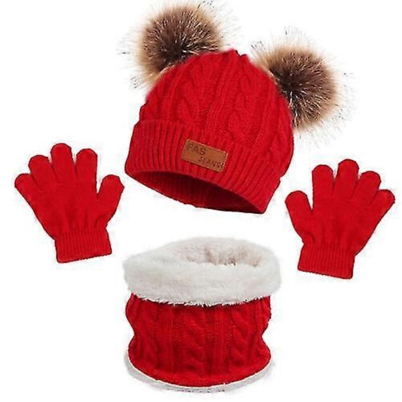 3pcs Autumn Winter Kids Hats Gloves Kit Knitted Pompom Hat Winter Warm Knit Hat Glove For Baby Boys Girls Children Scarve Glove Hats Set | Fruugo SG