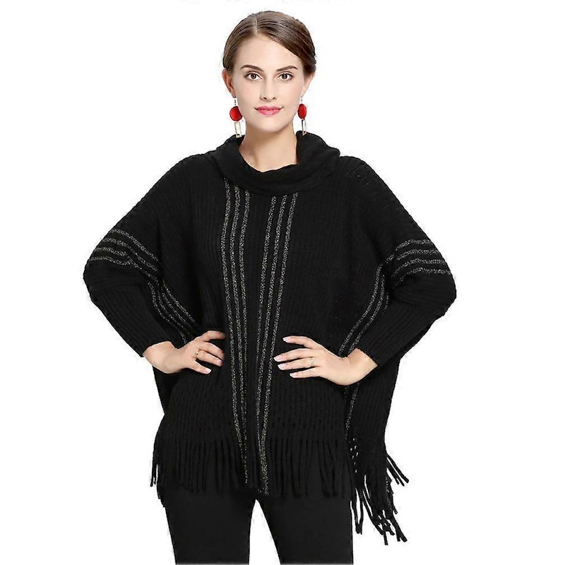 Black Pullover Cape Fringed Hem Batwing Blouse Winter Cape for Lady | Fruugo SG