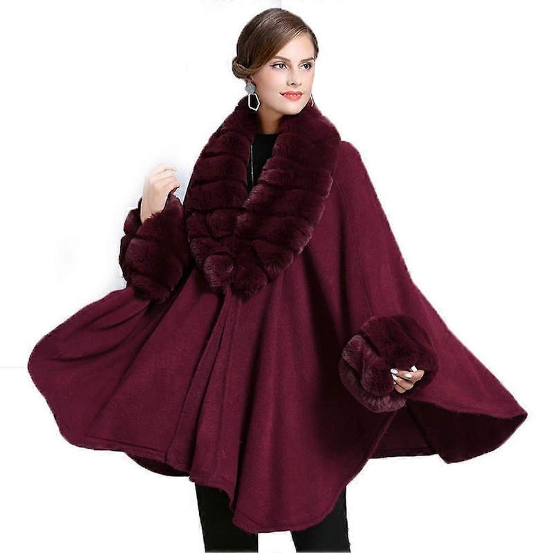 Burgundy Wraps Shawls with Faux Fur Trimming Crochet Loose Cardigan for Lady | Fruugo SG