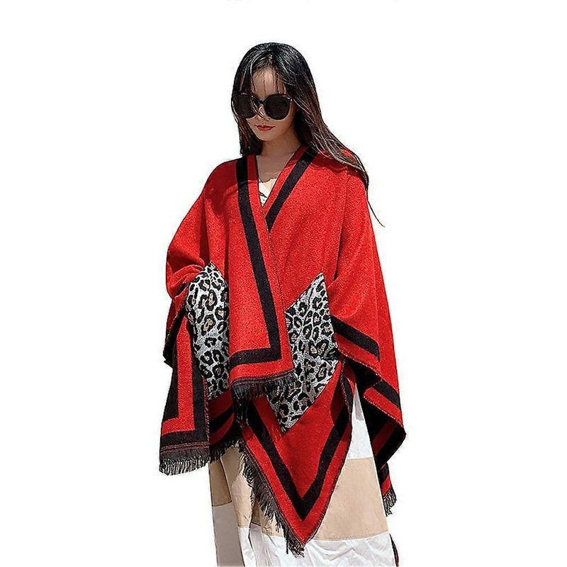 Leopard Print Pashmina Shawl Wrap Thicken Warm Poncho Open Front Coat with Tassel for Lady | Fruugo SG