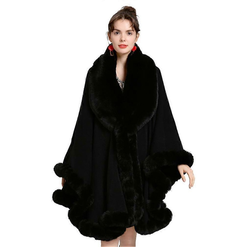 Loose Shawls with Faux Fur Trimming Elegant Cape with Collar for Lady Black | Fruugo SG