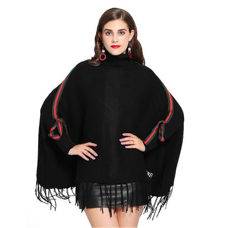 Loose Turtleneck Pullover Wrap Black Batwing Blouse with Tassel for Lady | Fruugo SG