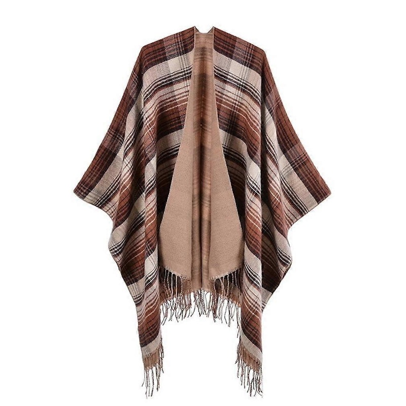 Plaid Fringed Hem Pashmina Shawl Wrap Thicken Warm Poncho Open Front Cape for Lady | Fruugo SG