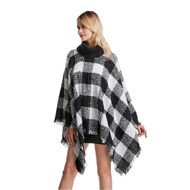 Warm Turtleneck Pullover Shawl Plaid Poncho with Tassel for Lady | Fruugo SG