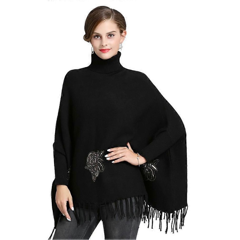 Black Loose Turtleneck Shawl Knitting Pullover Cape Batwing Sleeve with Tassel for Lady | Fruugo SG