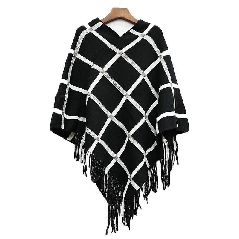 Black Plaid Warm Wraps Shawls Loose Fringed Hem Cape for Lady | Fruugo SG